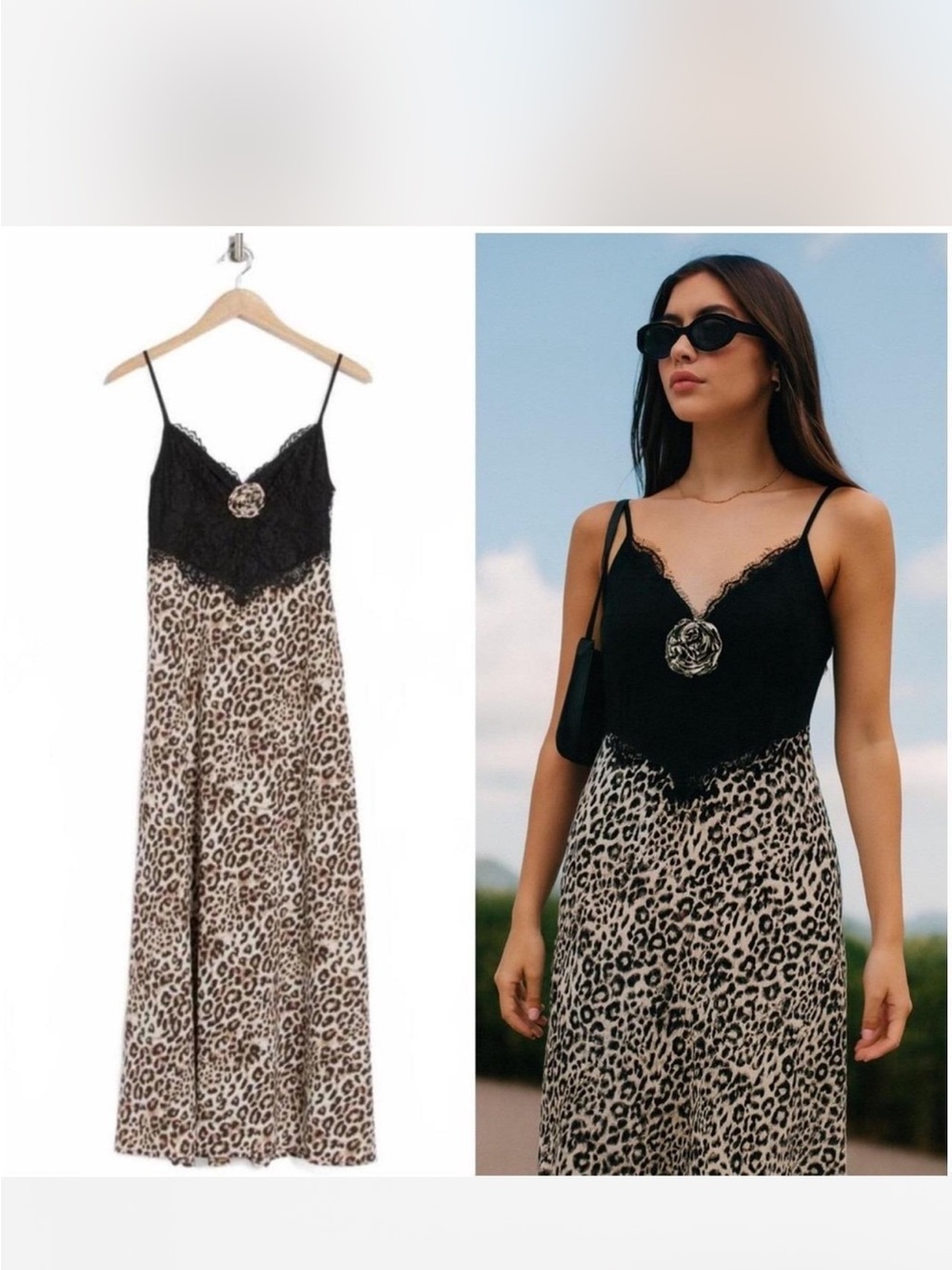 Nwt Wayf Black & Leopard Print Lace-Trim Maxi Slip Dress